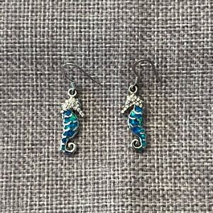 Seahorse Dangle Earrings – Blue Enamel Ocean Jewelry - Stamped 925